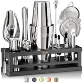 Bare Barrel front view of complete 16-piece bartender kit, neat display and organization