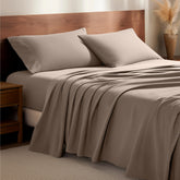 Bare Home front packaging view showing taupe king flannel set benefit of clear contents
