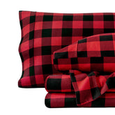 Bare Home queen sheets front view showing buffalo plaid for cozy warmth