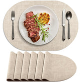 BARTHKIT front view of six beige oval placemats showing neat packaging and elegant finish