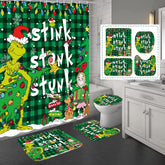 BATERZO shower curtain front view showing full green holiday scene and easy-install benefit