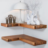 BATODA shelf front view showing clean corner float and warm acacia finish for stylish storage