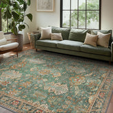 Bavni 8x10 rug front view showing dark sage and gold boho pattern and visual warmth