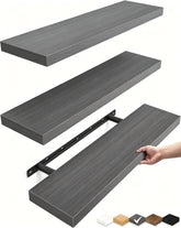 BAYKA front view of three rustic grey floating shelves showing clean lines and benefit of space-saving display