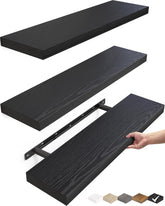 BAYKA front view of three black floating shelves showing clean profile and style benefit