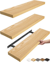 BAYKA front view of three oak-toned floating shelves showing packaging and finish benefit
