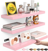 BAYKA front view of three pink floating shelves showing cute storage benefit
