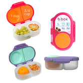 b.box front view of snack box showing compact design and easy clip benefit