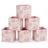 BBSET front view of six pink floral bins showing coordinated storage benefit