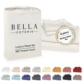 BC BELLA COTERIE front view of queen sheet set packaging showing contents and color