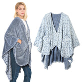 Bcareself front view haze blue shawl showing clean drape and cozy warmth