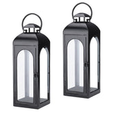 Bdor front view of paired black metal lanterns adding balanced height