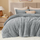 BEDELITE front view of light grey comforter set showing plush appearance and cozy benefit
