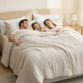 Bedsure front view of beige oversized comforter showing full coverage and softness