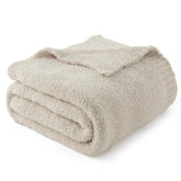Bedsure front-folded throw showing neat edges and neutral tone, enhances living room style