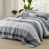 Bedsure front view of dark grey striped comforter showing neat finish and cozy look