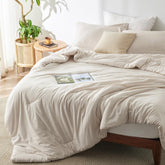 Bedsure king comforter front view showing beige heathered finish and neat edges for a polished bed look
