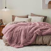 Bedsure front flatlay showing dusty pink blanket and decorative benefit