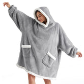 Bedsure front view of grey sherpa hoodie showing roomy fit and cozy look