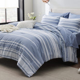 Bedsure full comforter front view showing blue striped pattern and neat drape for easy styling