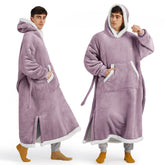 Bedsure hooded blanket front view in lavender showing oversized fit and cozy appeal