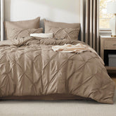 Bedsure front view of king comforter set showing elegant khaki color and design for instant room upgrade