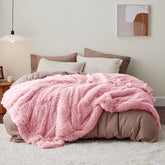Bedsure pink blanket front view showing plush faux fur and decor appeal