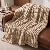 Bedsure light brown throw folded neatly showing front view and cozy appeal