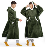 Bedsure olive front view showing long hooded blanket and deep pockets for warmth