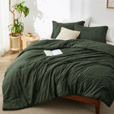 Bedsure front view of olive green comforter showing full spread and fit