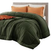 Bedsure front view showing olive green comforter and tidy bed setup benefit: instant room refresh