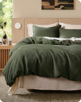 Bedsure PureWoven front flat lay showing full king duvet cover and shams, styled for calm