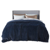 Bedsure queen blanket front view showing navy color and reversible comfort