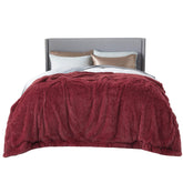 Bedsure red queen blanket front view showing plush faux fur and warm decor benefit