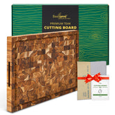 BEEFURNI front view of teak cutting board shows sturdy, elegant prep surface
