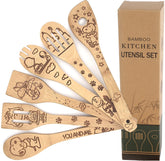 Generic bejky front packaging showing six bamboo utensils and gift box, ready to give