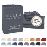 Bella Coterie front packaging showing queen sheet set and easy unboxing benefit