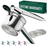 Bellemain front view of stainless steel ricer showing sleek bowl and black handle, durable construction benefit