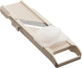 Benriner mandoline front view showing compact design and comfortable handle for faster prep