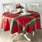 Benson Mills front view of 70-inch round tablecloth showing full plaid finish and festive look