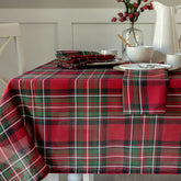 Benson Mills front view of red plaid tablecloth showing full pattern and fit