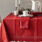 Benson Mills Ravenna tablecloth front view showing full red drape and elegant look