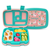 Bentgo front view showing colorful prints and compact portability benefit