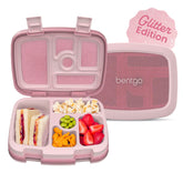 Bentgo front view showing petal pink glitter and compact lunch benefit