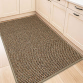 BEQHAUSE front view of taupe kitchen rug showing low-profile design and floor protection