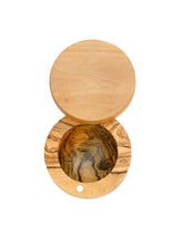 Berard olive wood salt keeper front view showing warm grain and compact design for countertop use