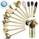 Berglander front view of full 13-piece gold utensil set for elegant kitchen storage