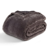 Berkshire Blanket front view showing shadow grey queen blanket and neat drape