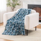 Berkshire Blanket Snoopy front view showing navy buffalo plaid and character print, great for decor