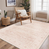 BESBLEE front view showing pink floral rug enhancing living room